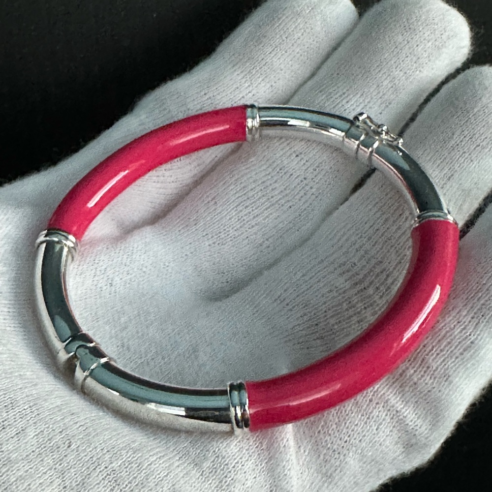 Milor Italy 925 Sterling Silver & Pink Enamel Spring Hinged Bangle Bracelet